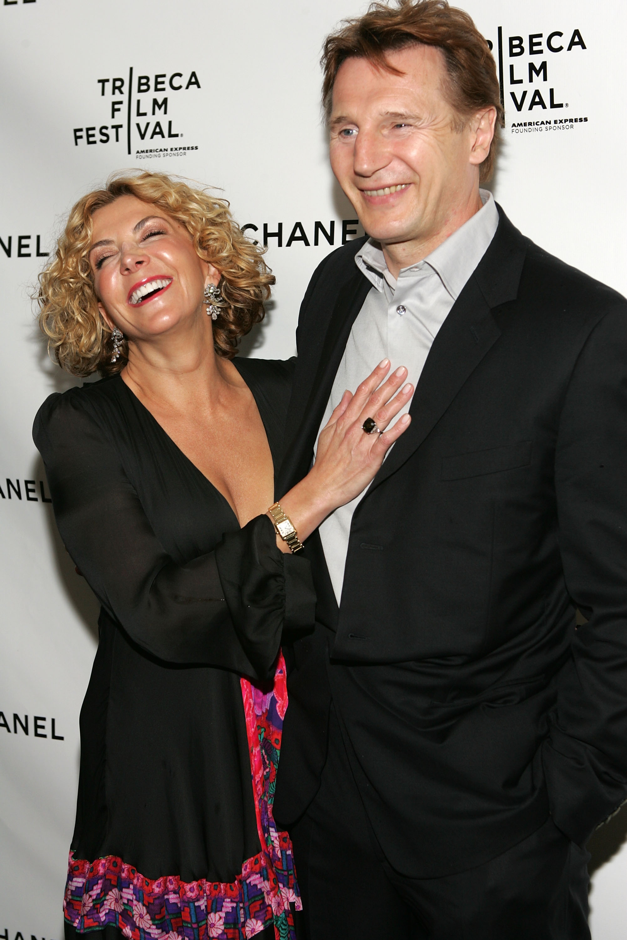 Natasha Richardson laughs with her hand on Liam Neeson’s chest as they arrive at the Chanel Dinner during the Tribeca Film Festival in New York City on April 28, 2008. The pair share a lighthearted moment on the red carpet at the Greenwich Hotel event.