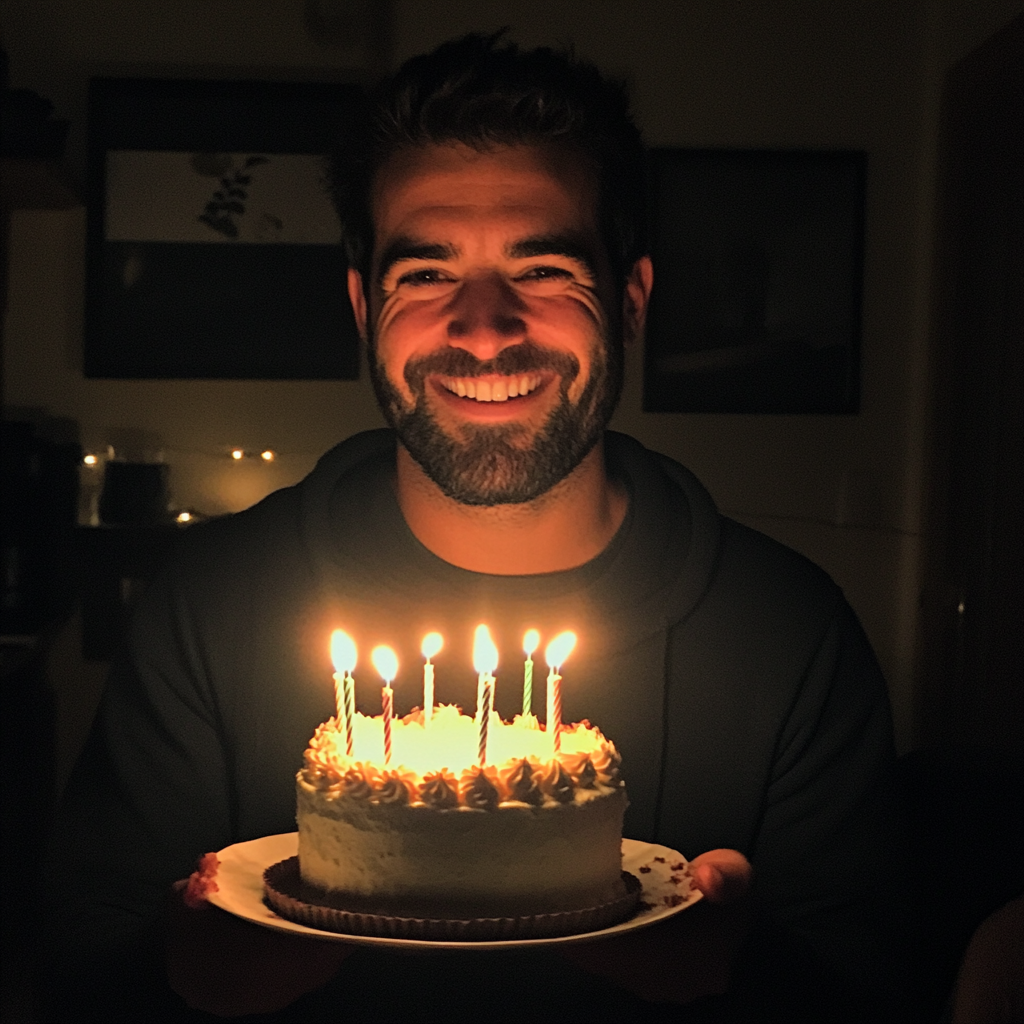 A man holding a birthday cake | Source: Midjourney