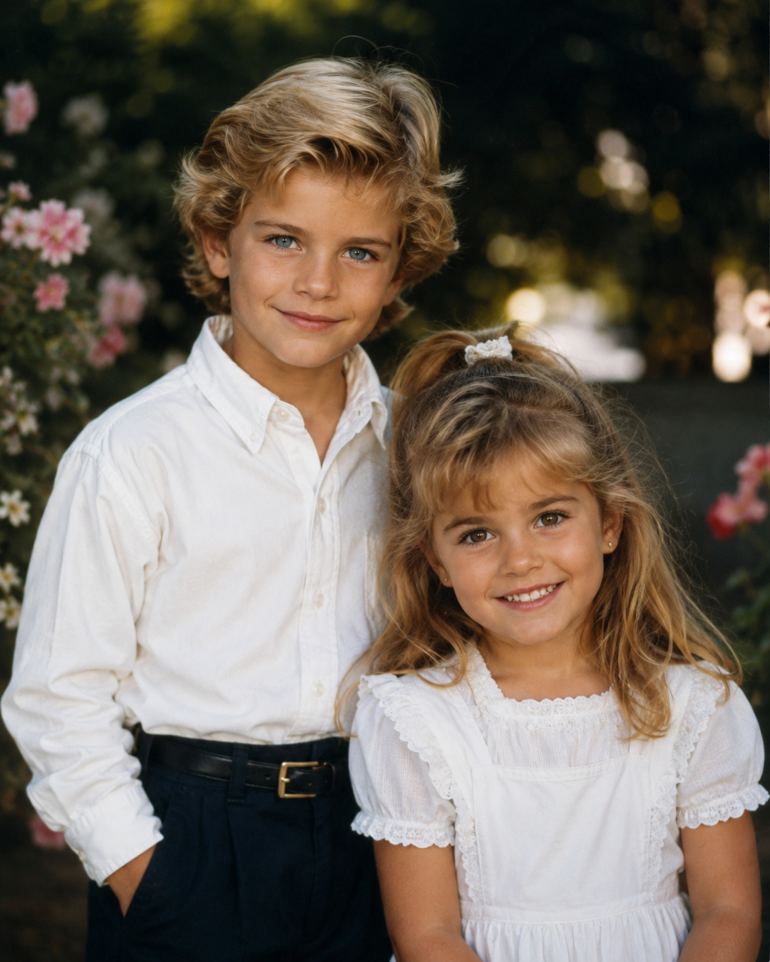 In this AI creation, Fabio and Cindy Crawford’s imagined son and daughter pose together outside in crisp white clothing, highlighting a classic portrait style. | Source: ChatGPT