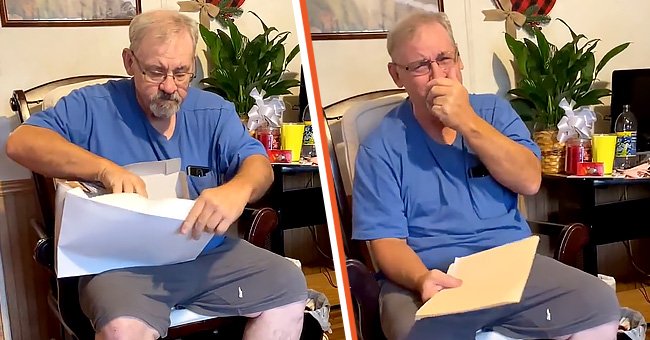 [Left] Jennifer Petit's father pictured going through the documents; [Right] He's reduced to tears after realizing what the surprise is all about. | Source: instagram.com/bviral