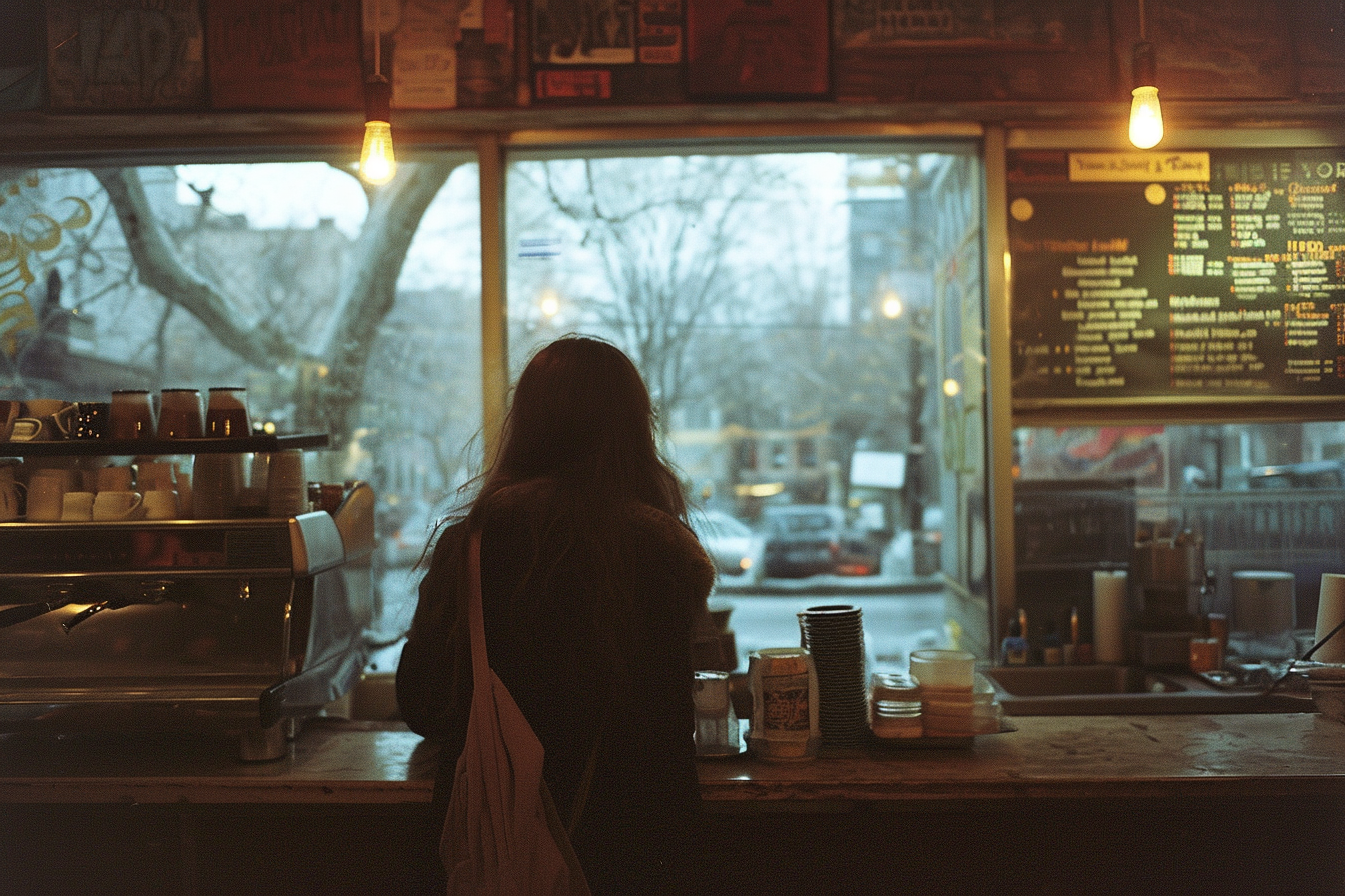 A woman at a coffee shop | Source: Midjourney