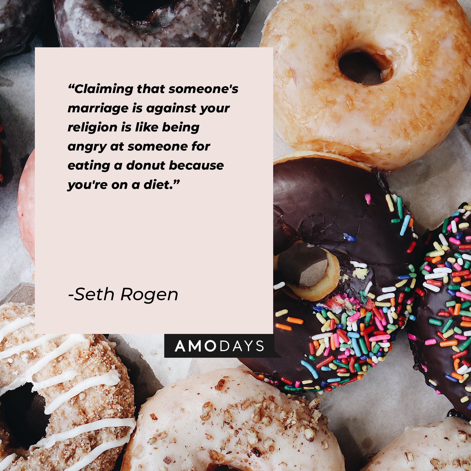 Seth Rogen's quote: "Claiming that someone's marriage is against your religion is like being angry at someone for eating a donut because you're on a diet." | Image: AmoDays