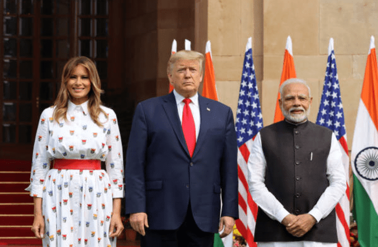 During their tour of India Melania Trump and Donald Trump pose for official photographs Narendra Modi at Hyderabad House on February 25, 2020, in New Delhi, India, | Source: T. Narayan/Bloomberg via Getty Images