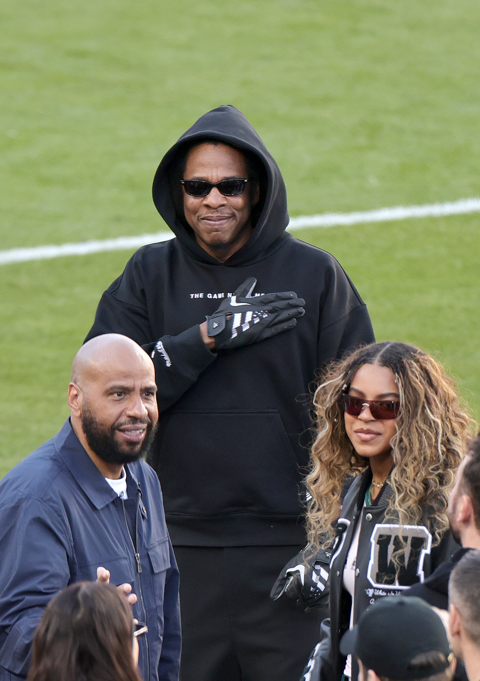 Juan 'OG' Perez, Jay-Z and Blue Ivy Carter are seen during the Super Bowl LX at Levi's Stadium in Santa Clara, California on February 8, 2026. | Source: Getty Images
