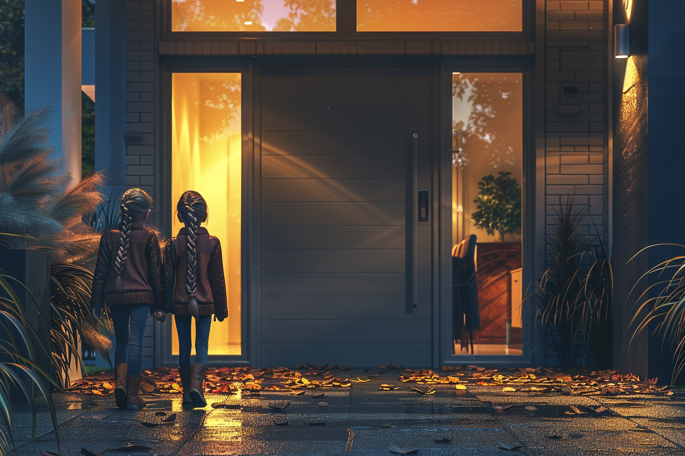 Two girls walking towards the entrance of a home | Source: Midjourney