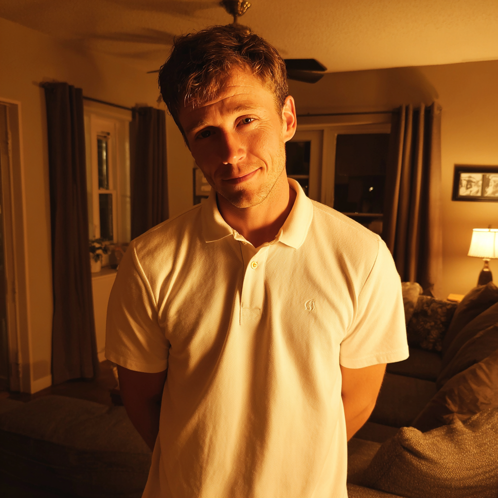 A sheepish man standing in a living room | Source: Midjourney