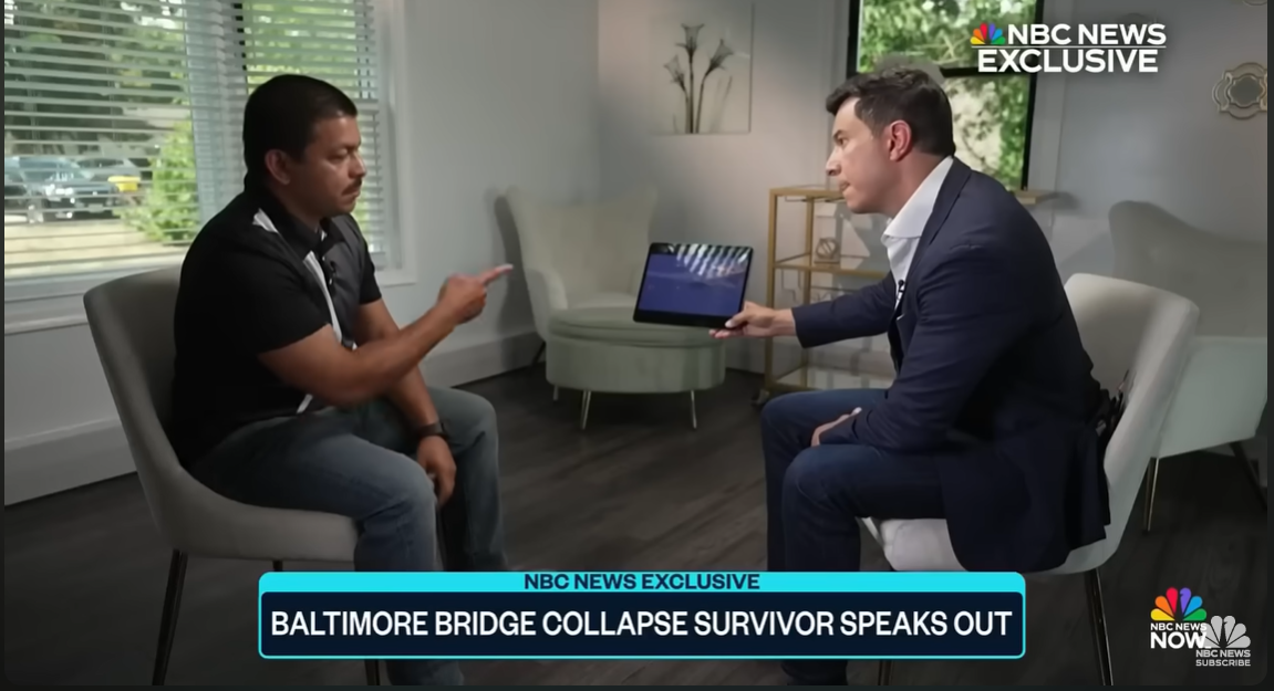 NBC News' Tom Llamas shows Julio Cervantes Suarez photos on an iPad, prompting him to recall his survival and experience during the deadly Baltimore bridge collapse on March 26, in an interview posted on July 11, 2024. | Source: YouTube/NBCNews