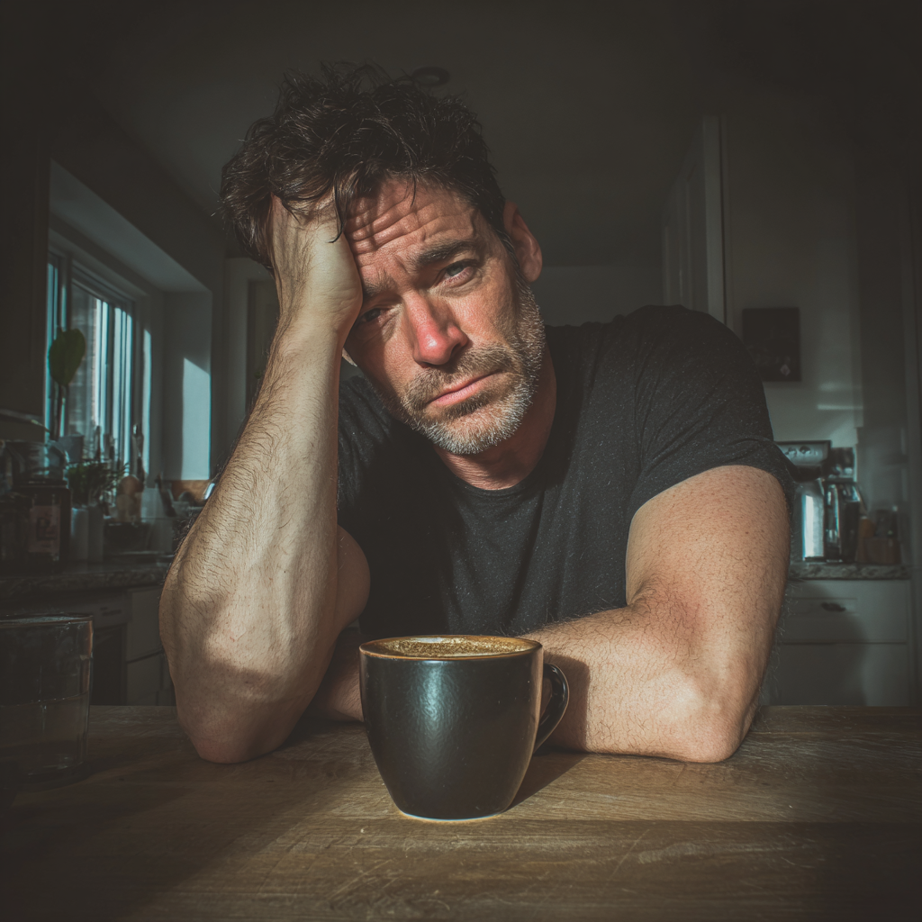 An exhausted man sitting at a kitchen table | Source: Midjourney