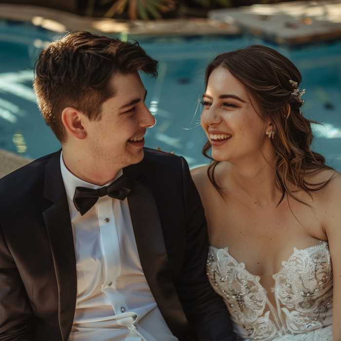 A bride and groom talk by the poolside | Source: Midjourney