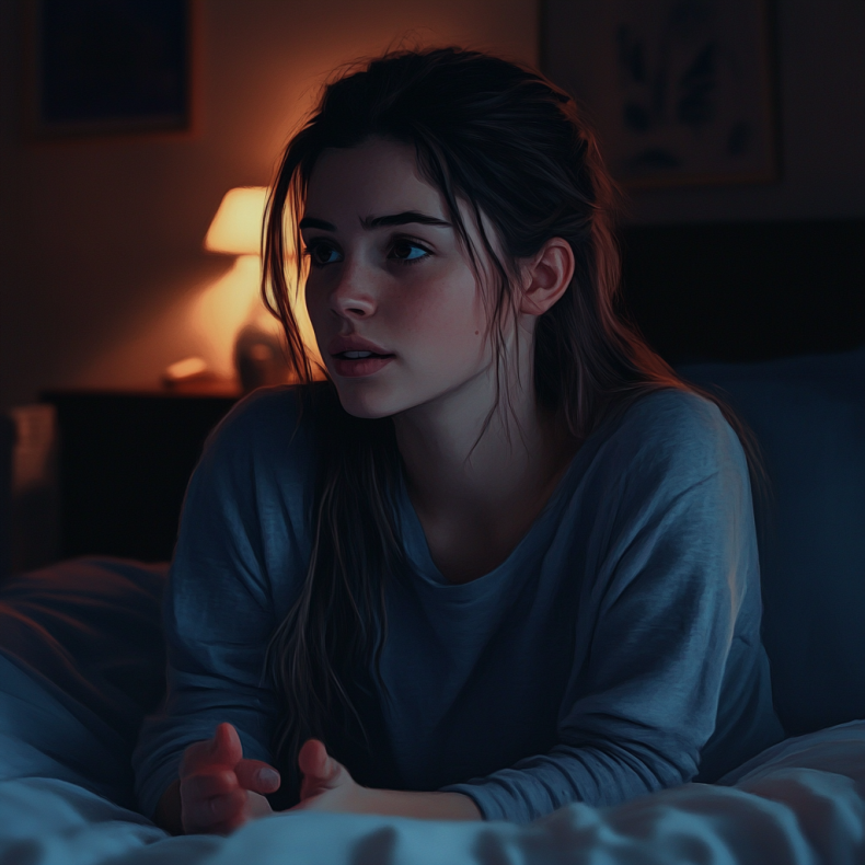 A teenage girl in conversation at night in bed | Source: Midjourney