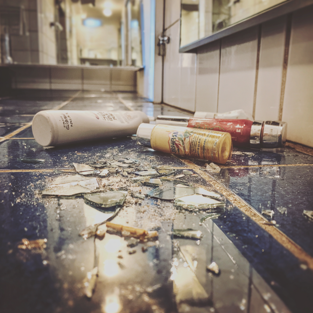 Scattered toiletries and broken glass on a bathroom floor | Source: Midjourney