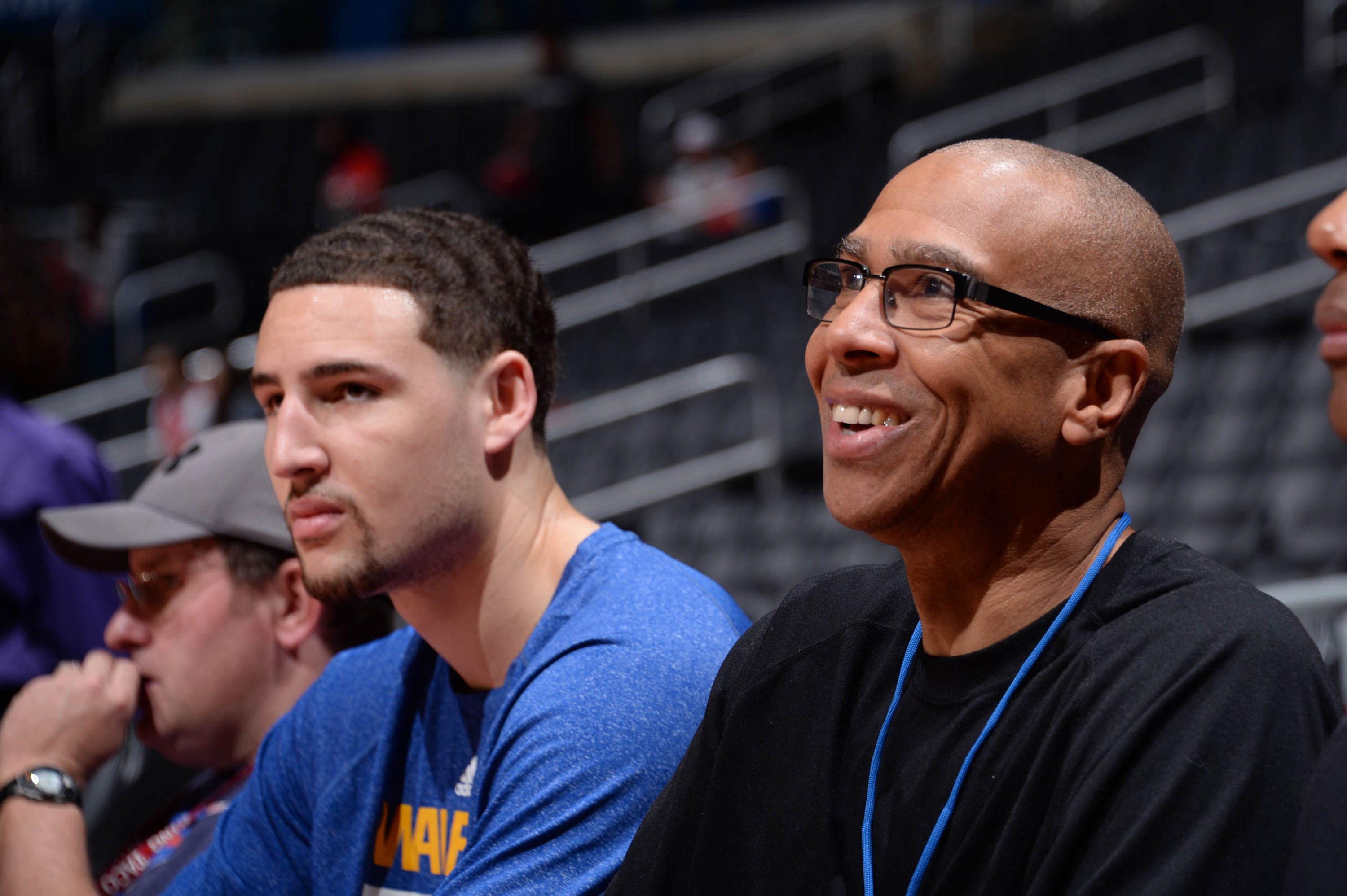 Klay Thompson #11 of the Golden State Warriors and his father Mychal Thompson before a game against the Los Angeles Clippers in 2014 in Los Angeles. | Source: Getty Images