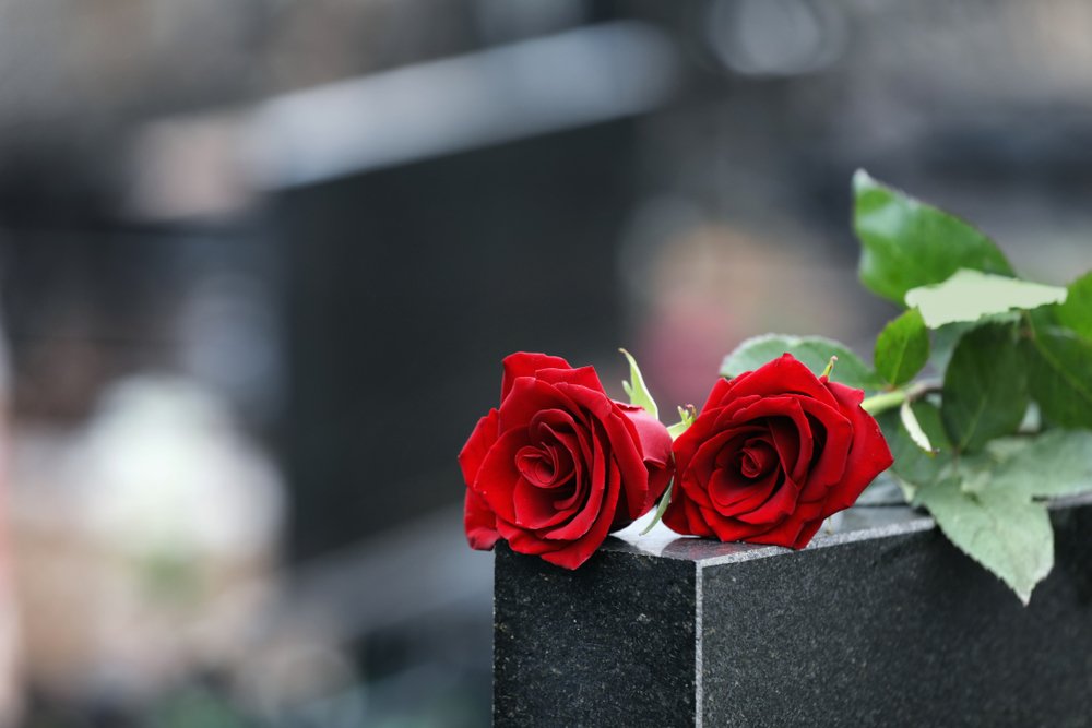 A photo of a tombstone with red roses. | Photo: Shutterstock