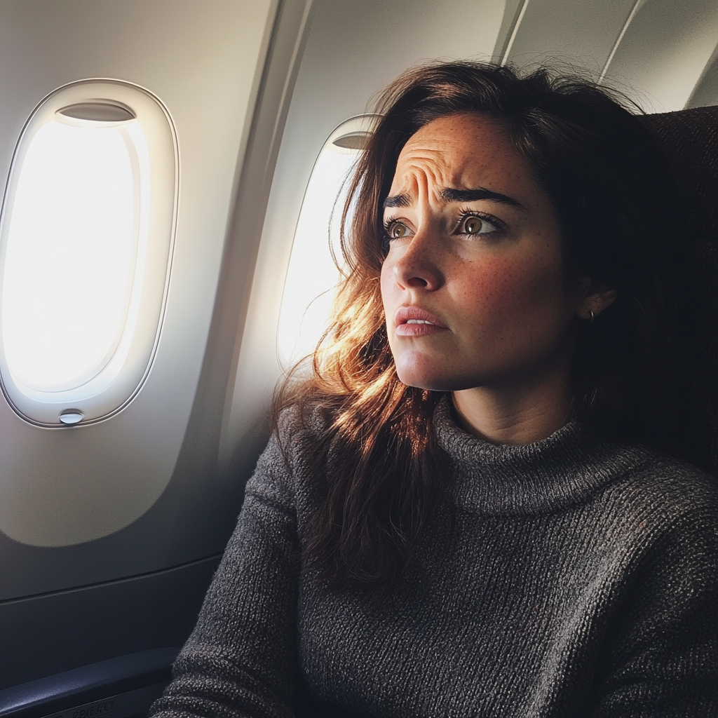 An upset woman sitting in an airplane | Source: Midjourney