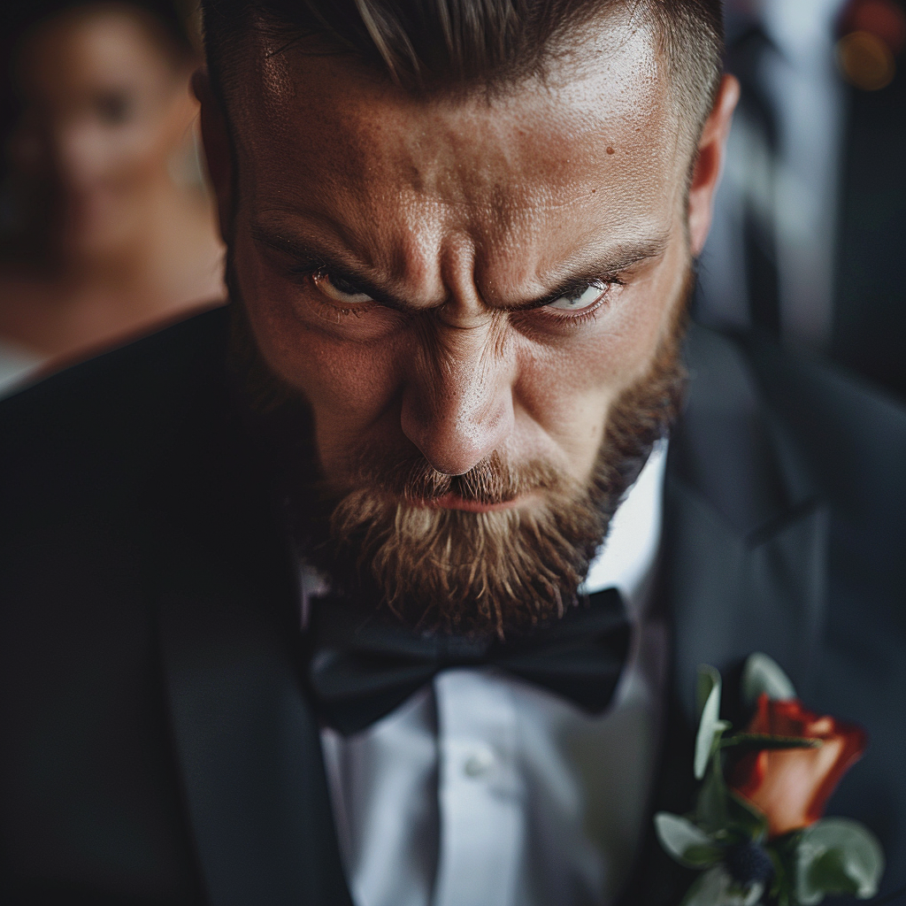A groom glaring at the camera | Source: Midjourney