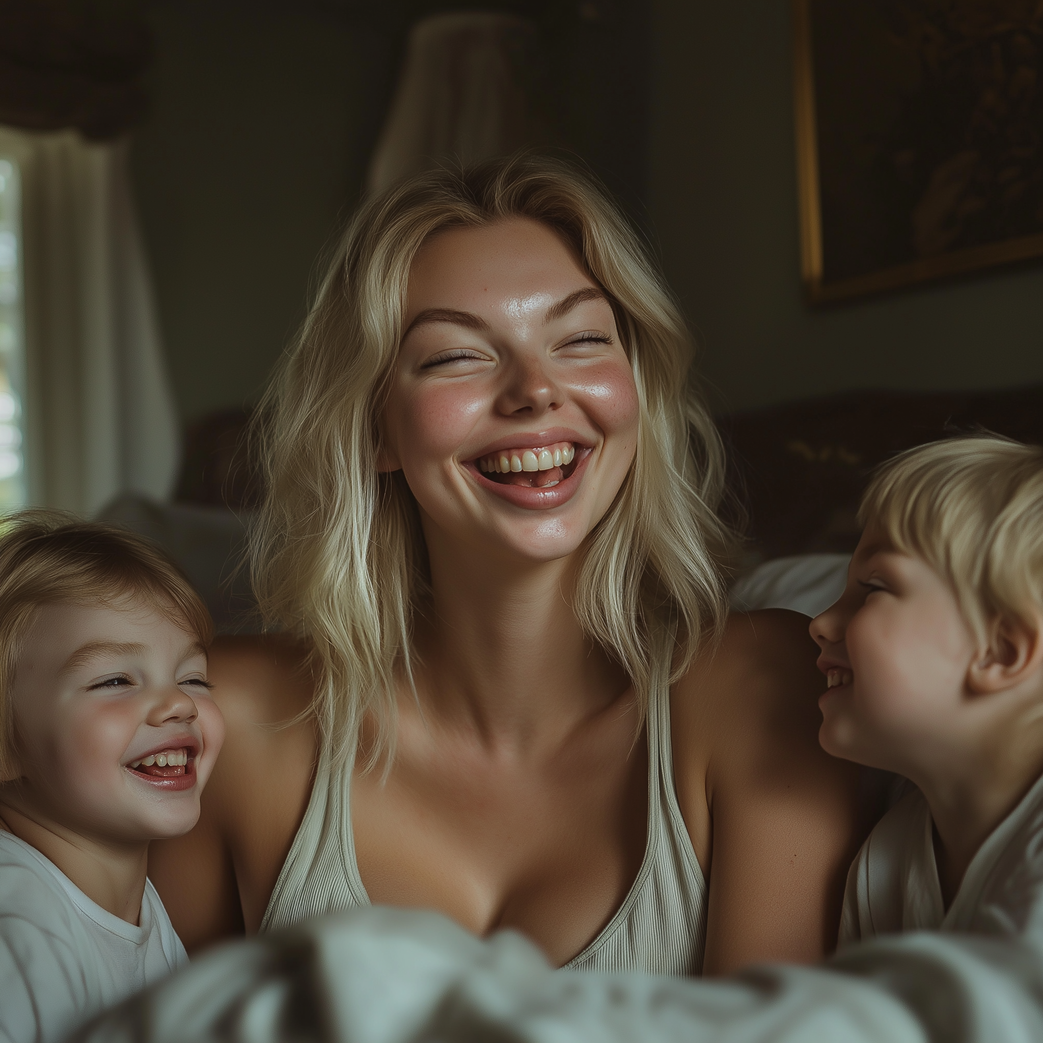 A woman laughs with her two little kids at home | Source: Midjourney