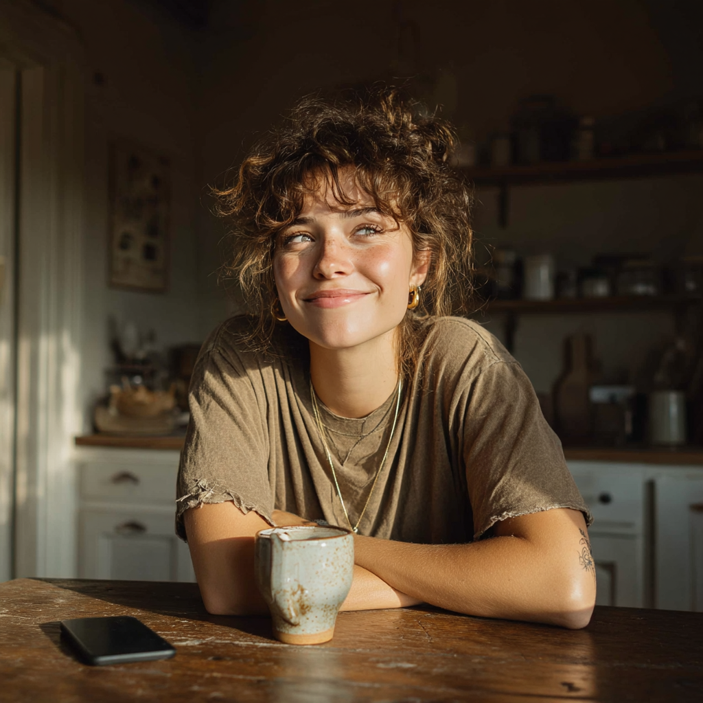 A happy woman sitting at a kitchen table | Source: Midjourney