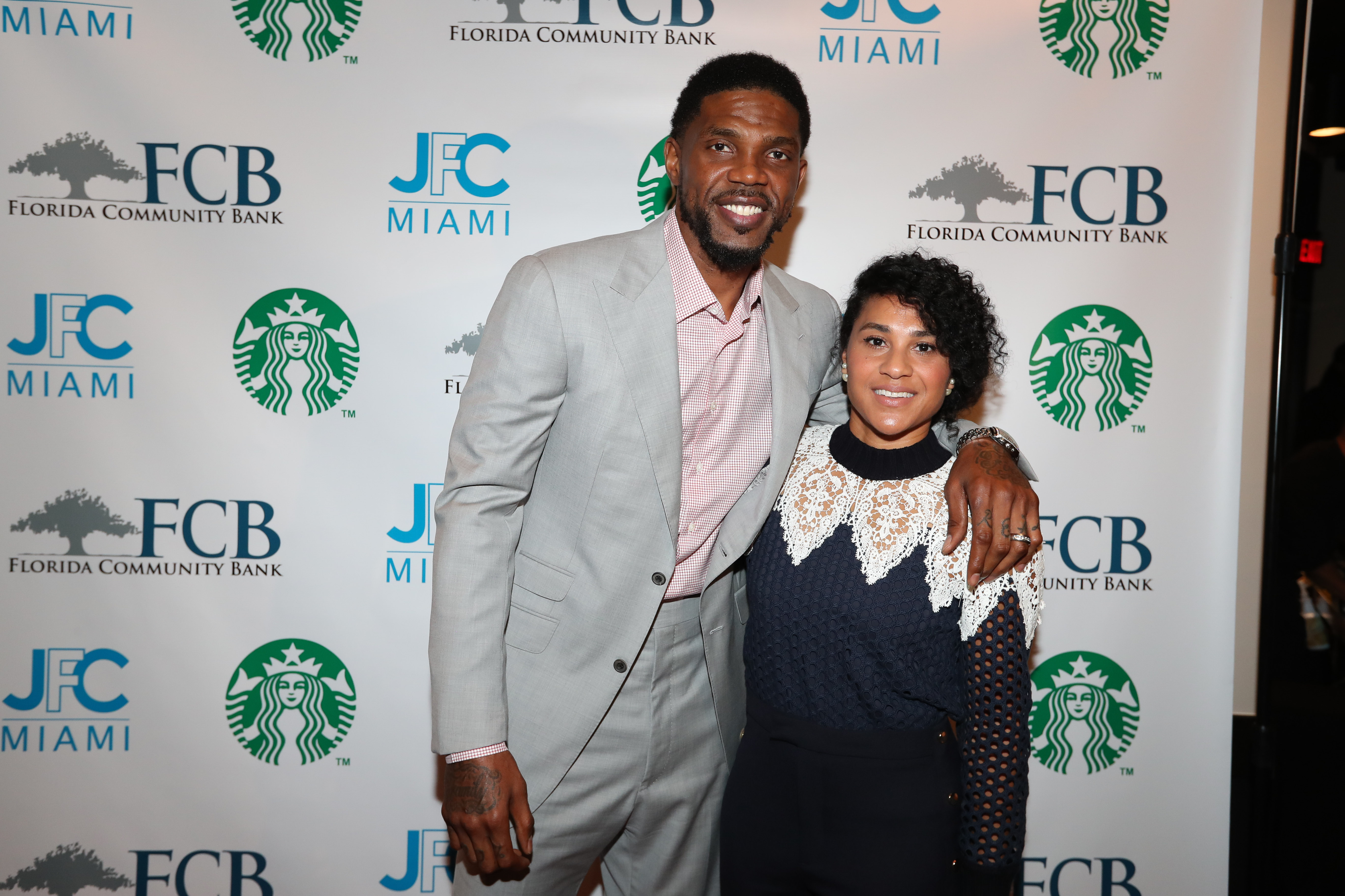 Udonis and Faith Haslem at the  VIP preview of Starbucks hosted by the basketball player at Jackson Memorial Medical Center on October 24, 2016, in Miami, Florida. | Source: Getty Images