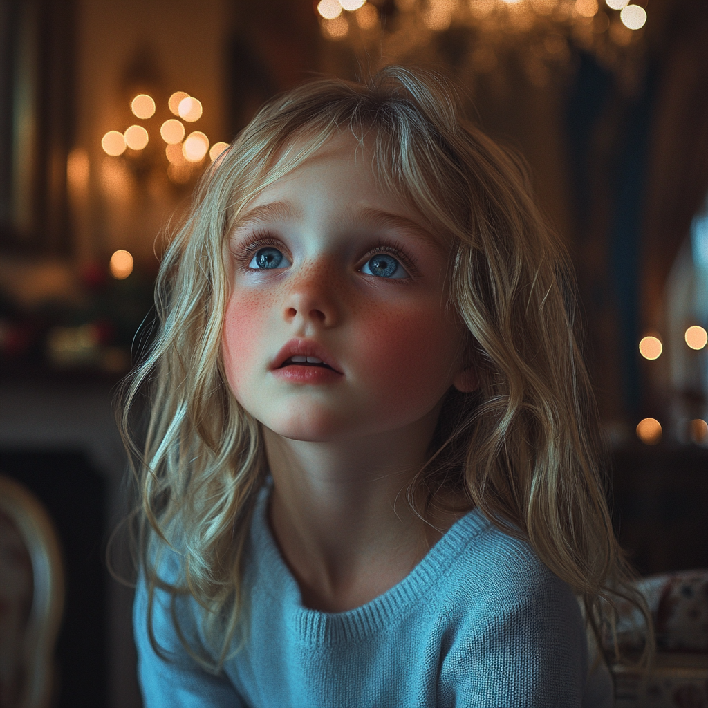 An anxious little girl looking up | Source: Midjourney