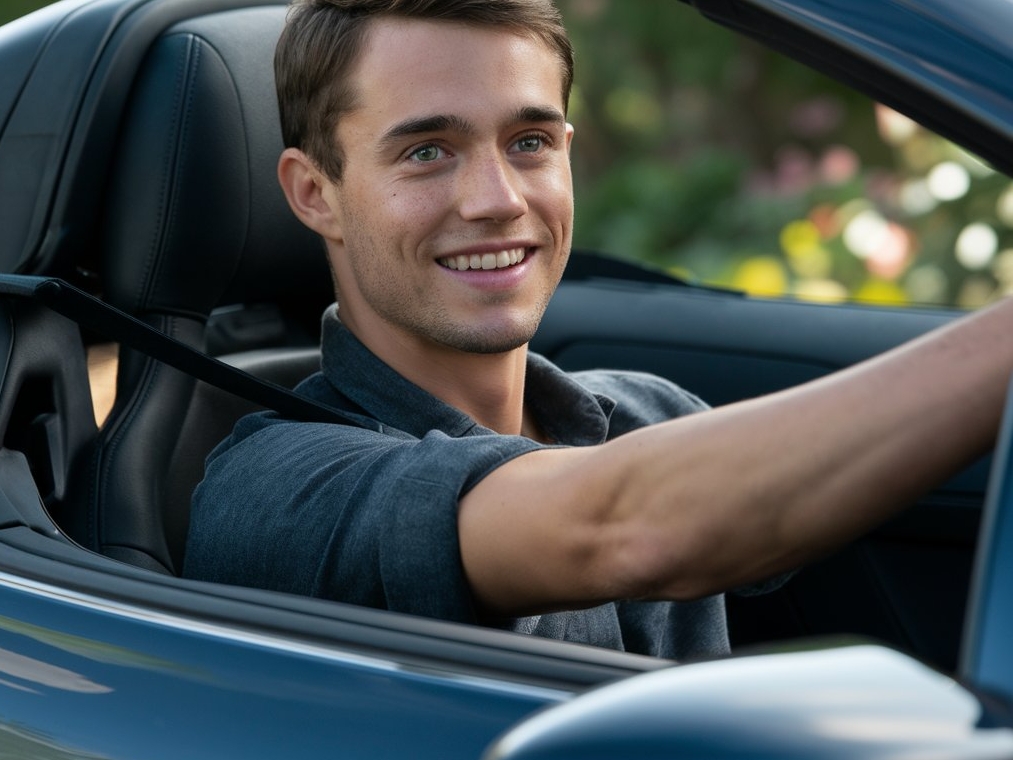 A young man driving a convertible sports car | Source: Midjourney