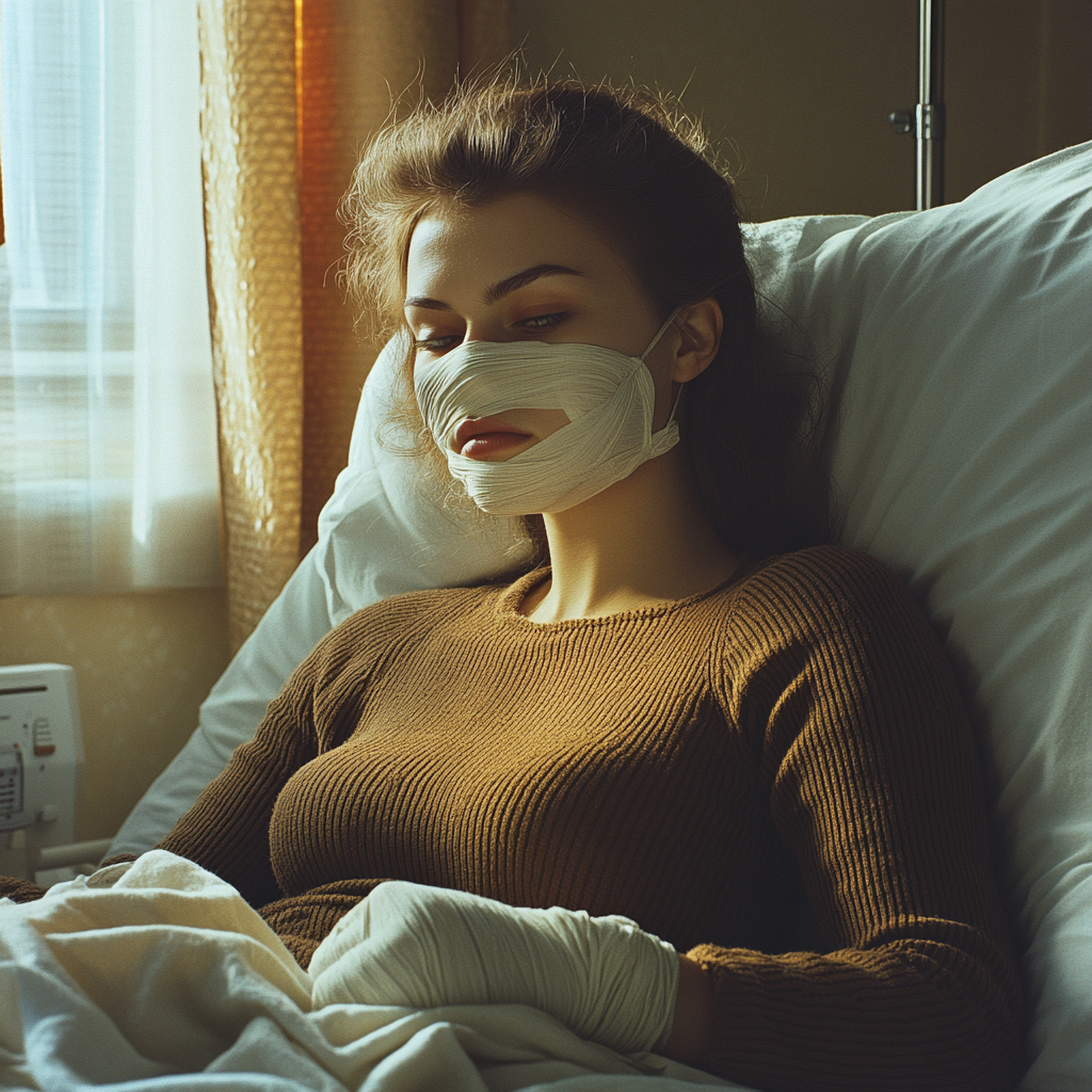 An injured woman lying in a hospital bed | Source: Midjourney