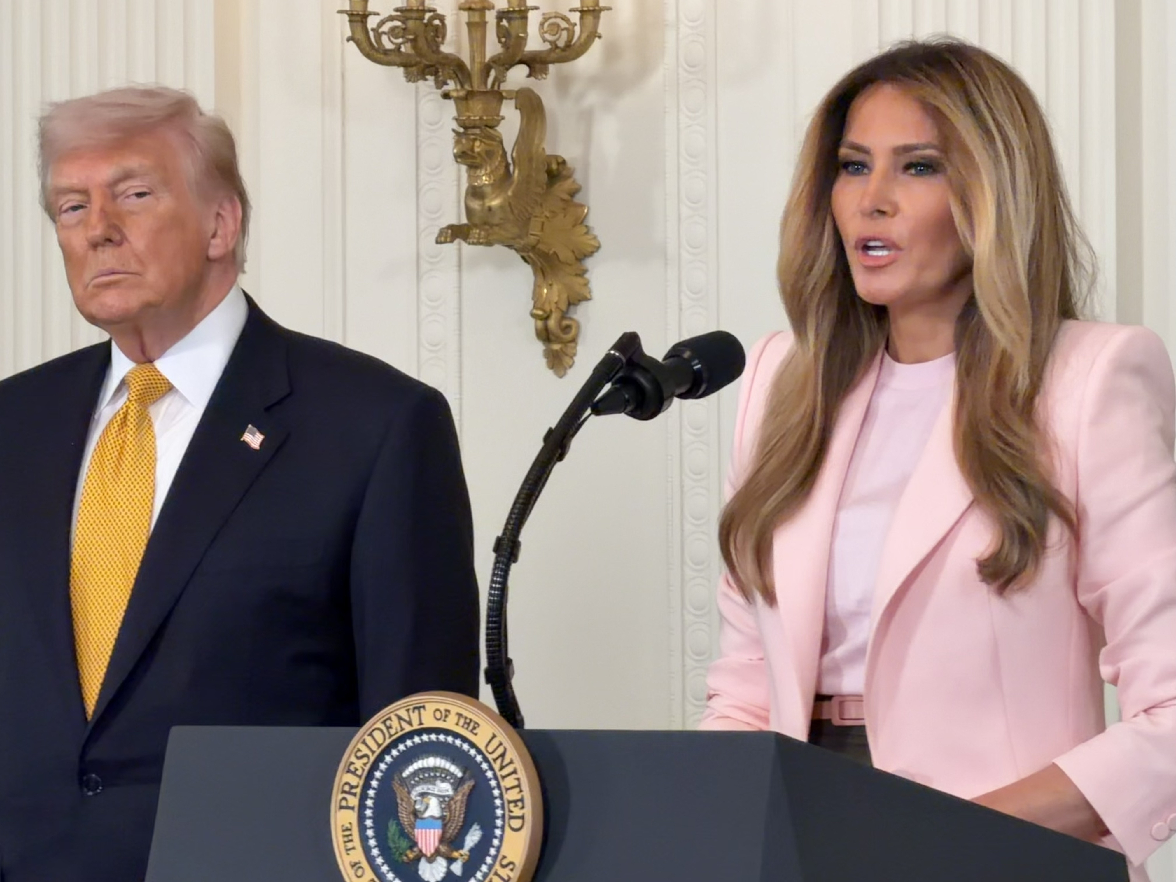 Melania Trump makes a statement alongside Donald Trump during a military mothers celebration at the White House on May 6, 2026, in Washington, DC | Source: Getty Images