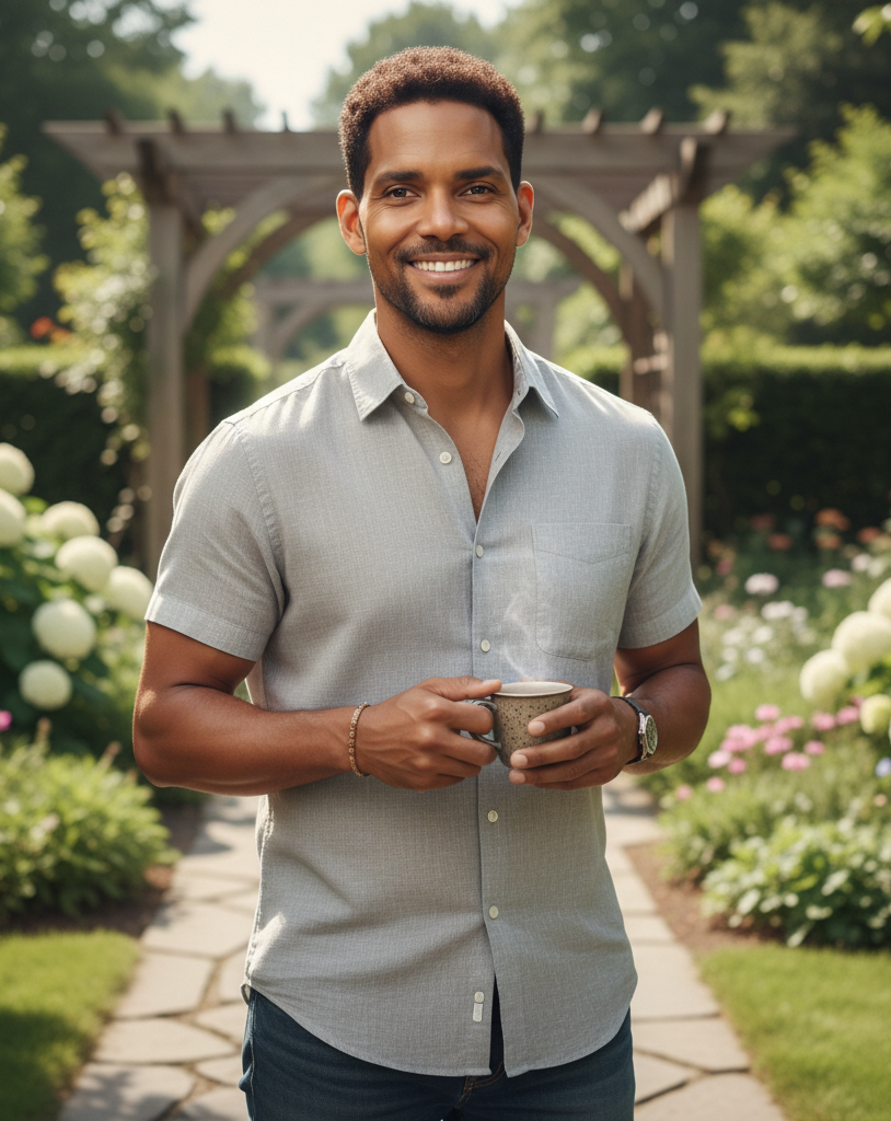 As a man, Berry is imagined with a warm, magnetic presence and effortless charm. His strong jawline, smooth complexion, and neatly trimmed facial hair are offset by expressive eyes and an inviting smile. Standing in a sunlit garden, he carries himself with relaxed confidence — the kind that doesn't need to try too hard. | Source: Gemini
