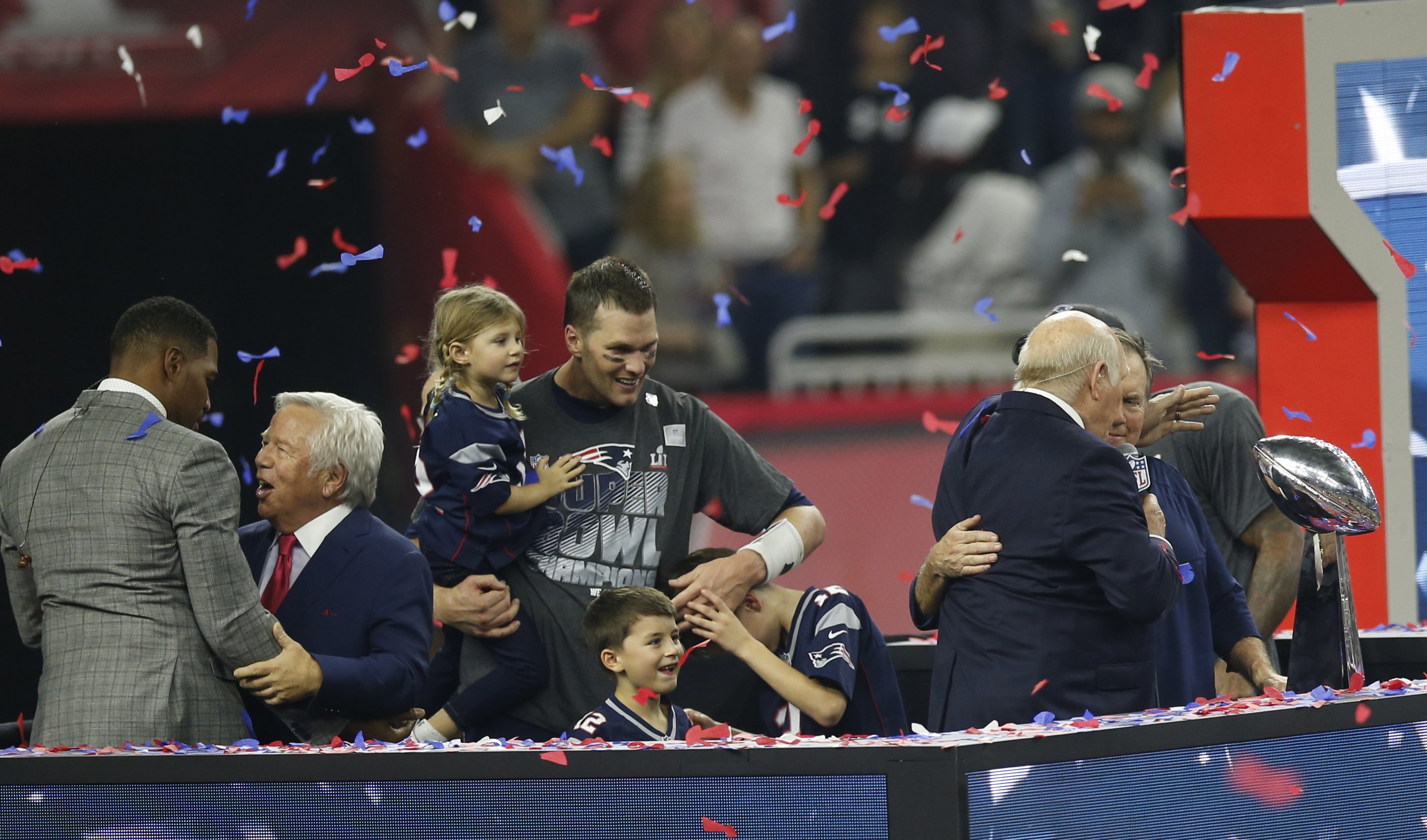 Tom Brady #12 of the New England Patriots celebrates with his kids following Super Bowl 51 against the Atlanta Falcons at NRG Stadium on February 5, 2017 in Houston, Texas | Source: Getty Images 