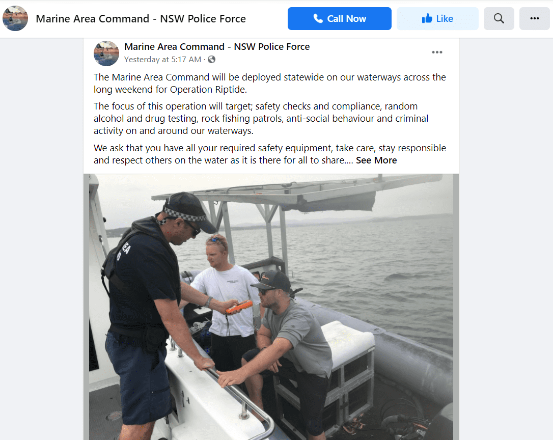 Marine Area Command in New South Wales sends out a public announcement to skippers on the south coast. | Photo: Facebook/NSWPoliceMAC 