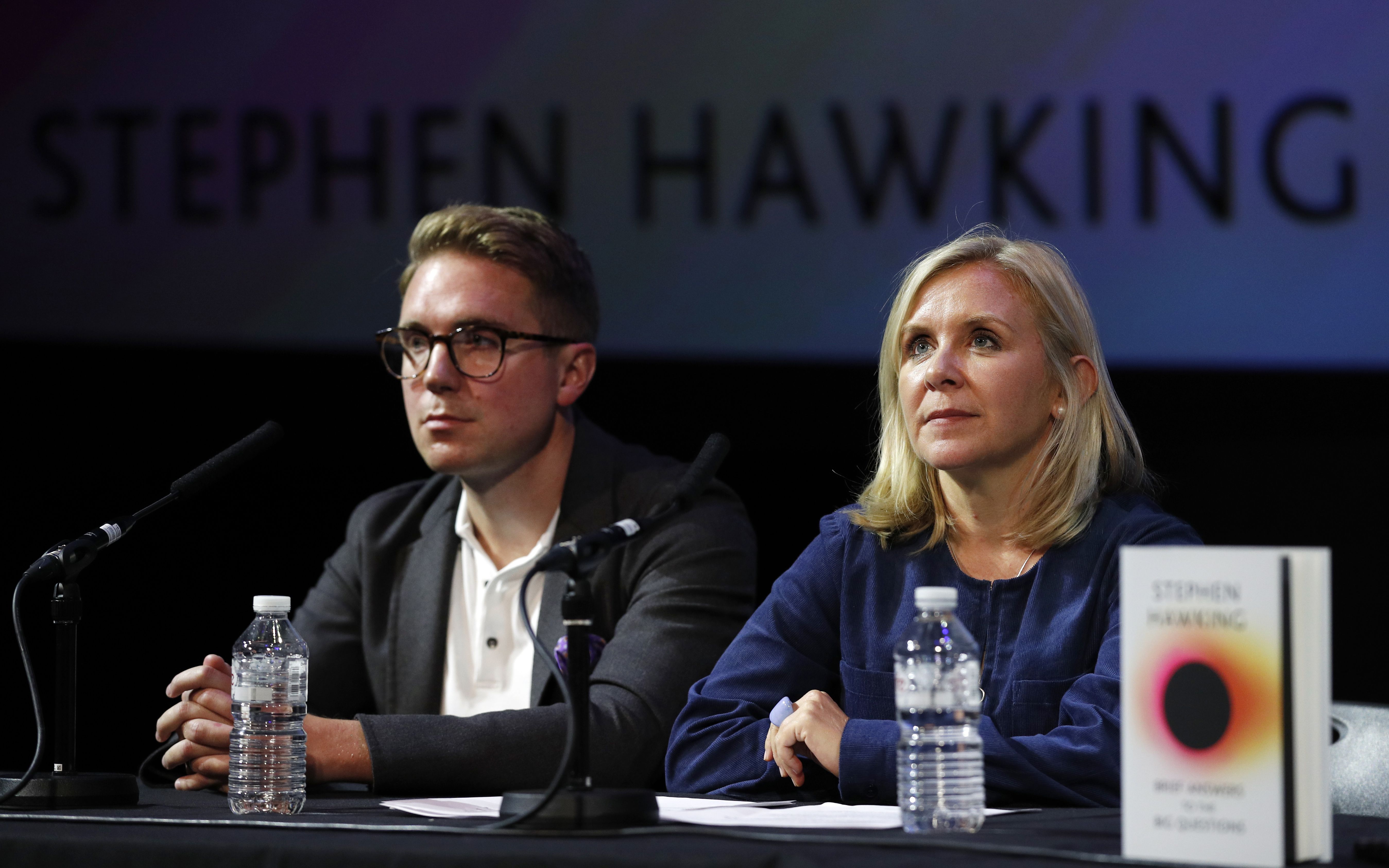 Timothy and Lucy Hawking are photographed during an interview at the global launch of Stephen Hawking's final book, 