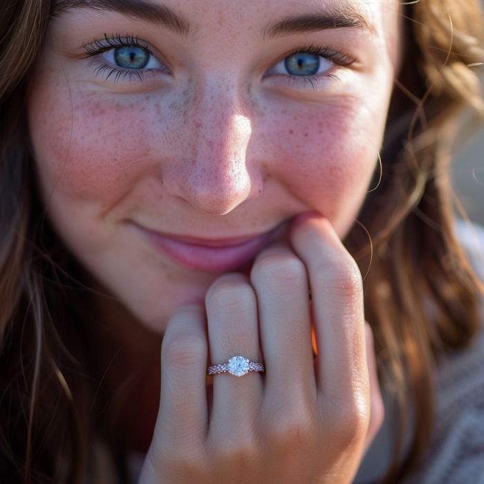 A closeup shot of a woman flaunting her diamond ring | Source: Midjourney