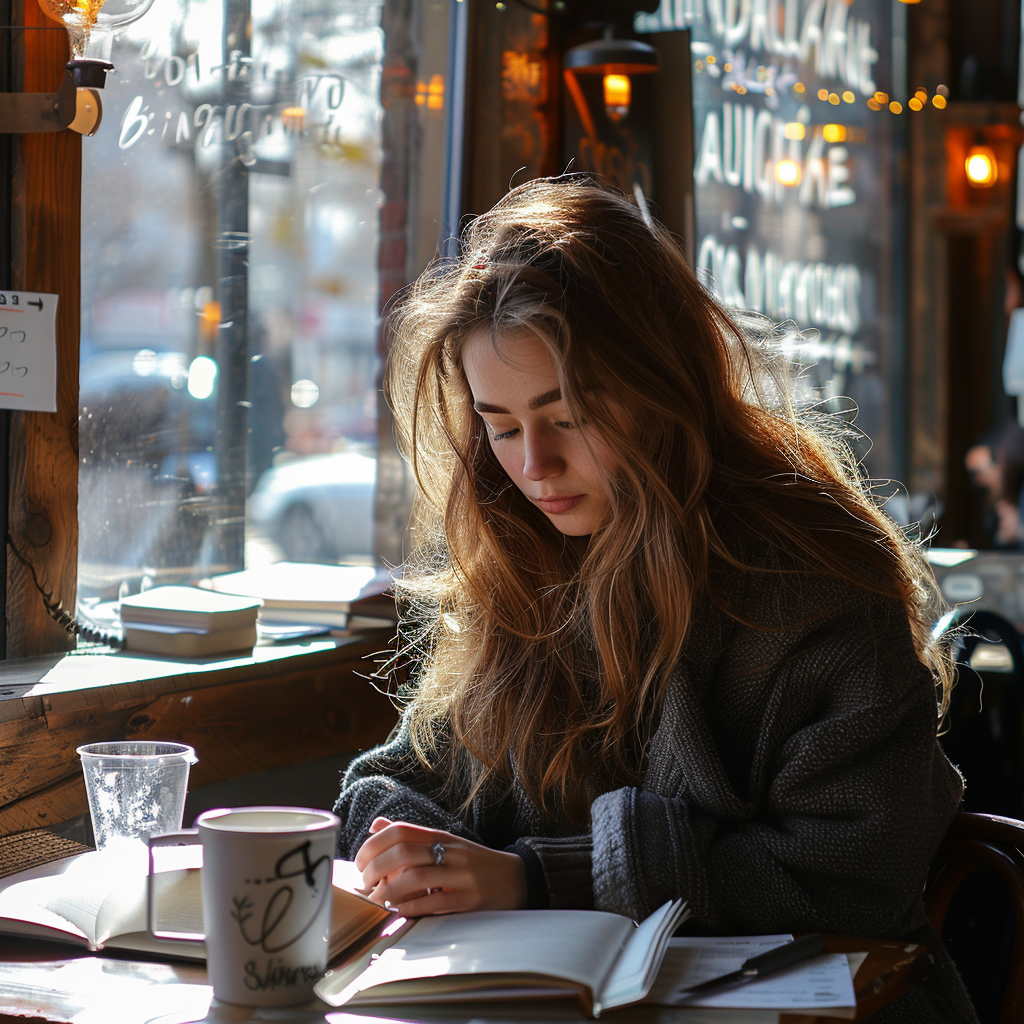 A woman studying in a café | Source: Midjourney