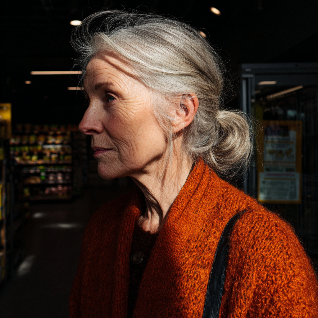 An old woman wearing an orange cardigan | Source: Midjourney