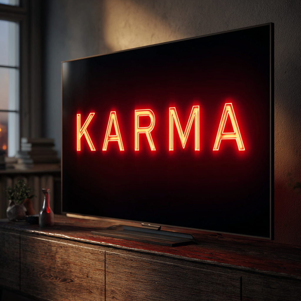 The word "KARMA" flashing on a TV screen | Source: Midjourney