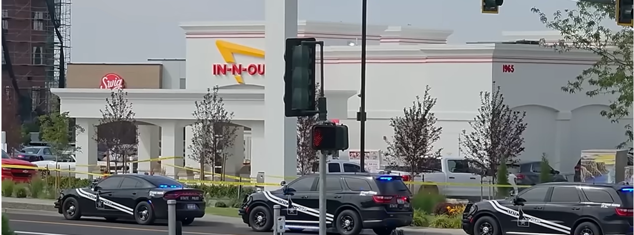 Emergency vehicles surrounded the Twin Falls In-N-Out Burger as investigators began processing the scene following the mass shooting that left three people dead and seven others injured. | Source: YouTube/Good Morning America