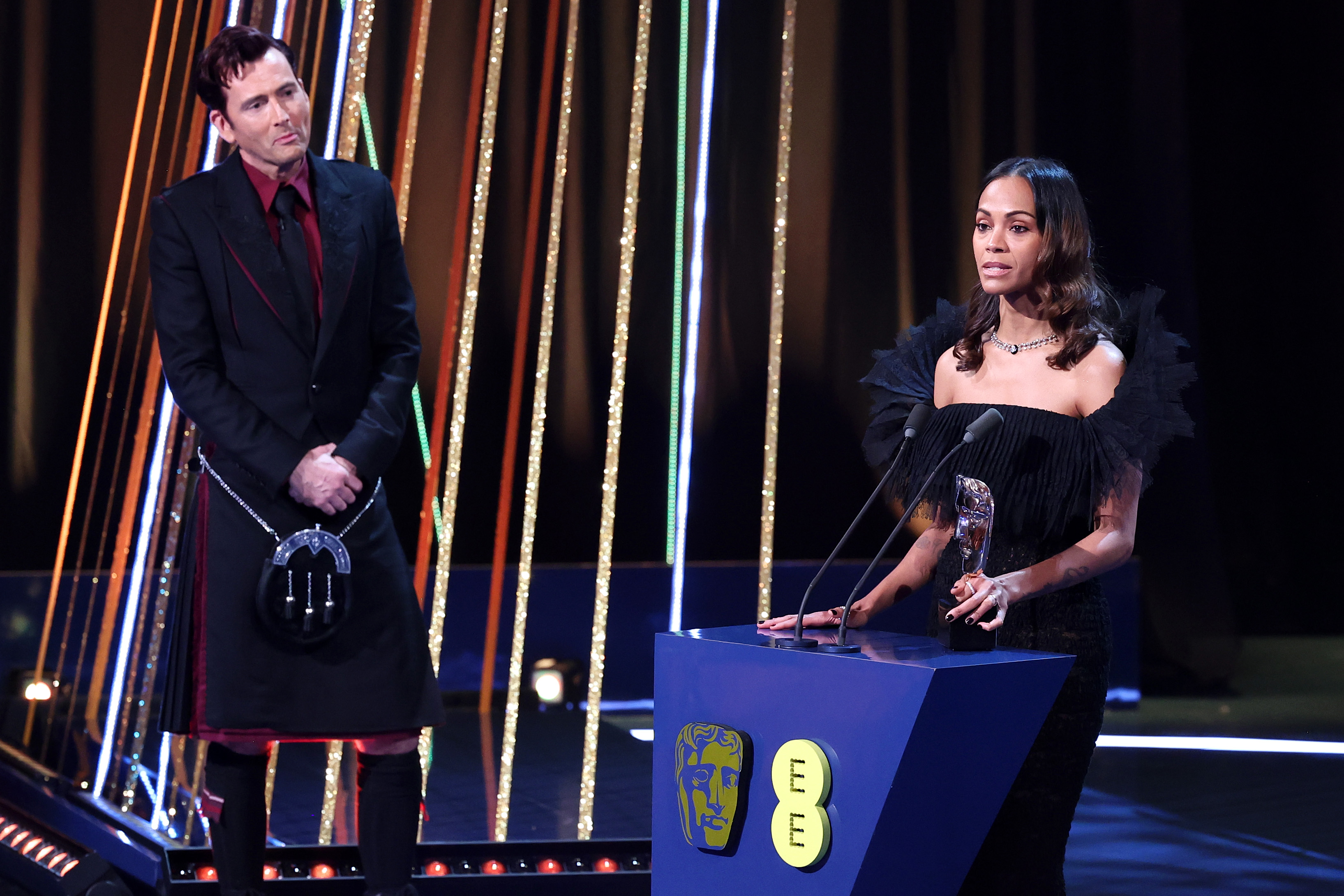 Zoe Saldana accepts her Best Supporting Actress Award for her portayal in "Emilia Pérez" during the EE BAFTA Film Awards 2025 on February 16, 2025 | Source: Getty Images