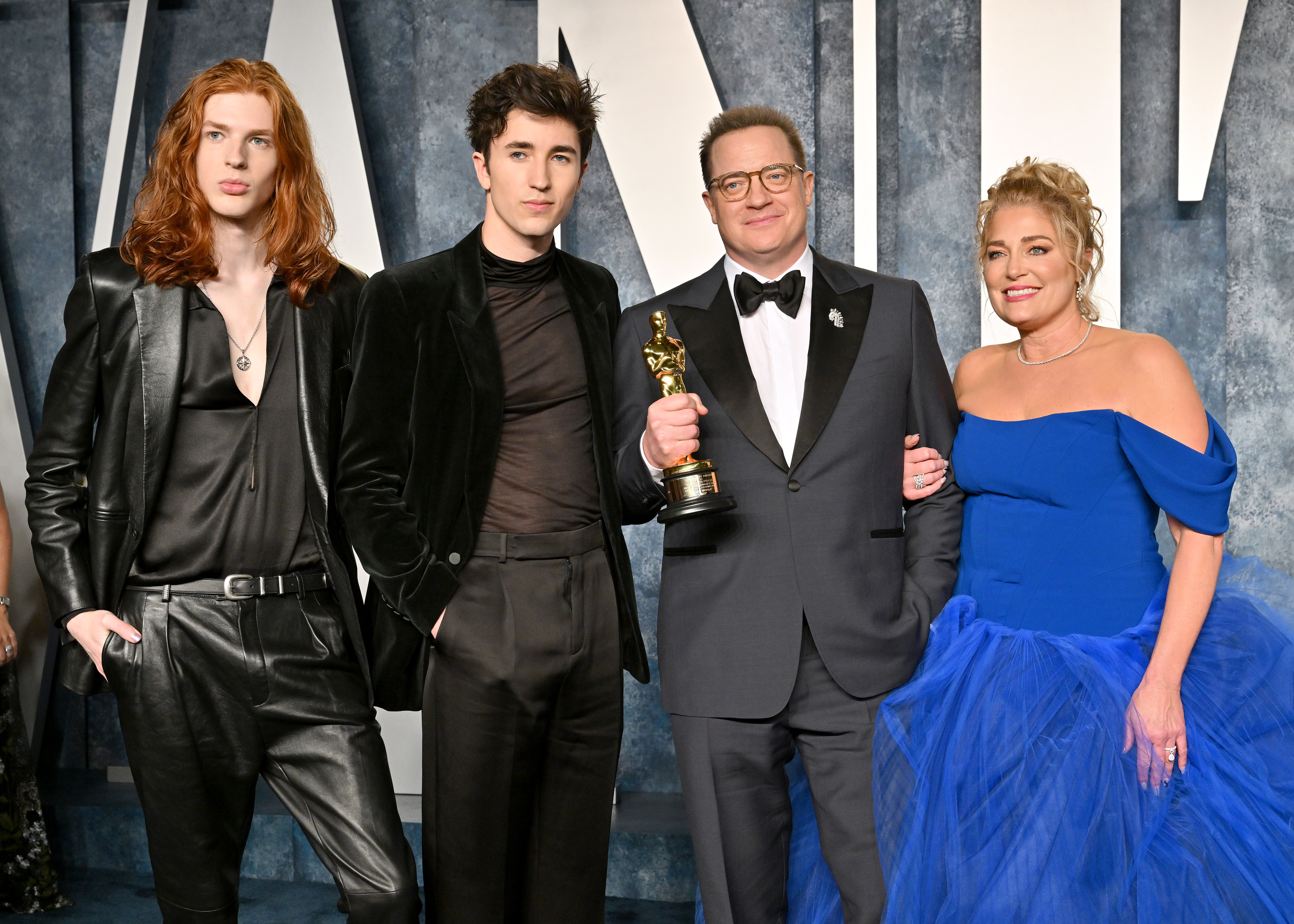 Holden Fletcher Fraser, Leland Francis Fraser, Brendan Fraser and Jeanne Moore at the 2023 Vanity Fair Oscar Party on March 12, 2023 in Beverly Hills, California. | Source: Getty Images