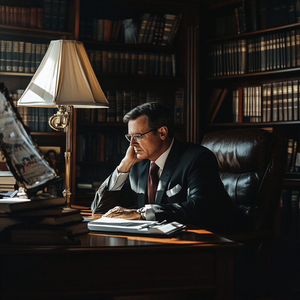 A lawyer leaning on his desk | Source: Midjourney