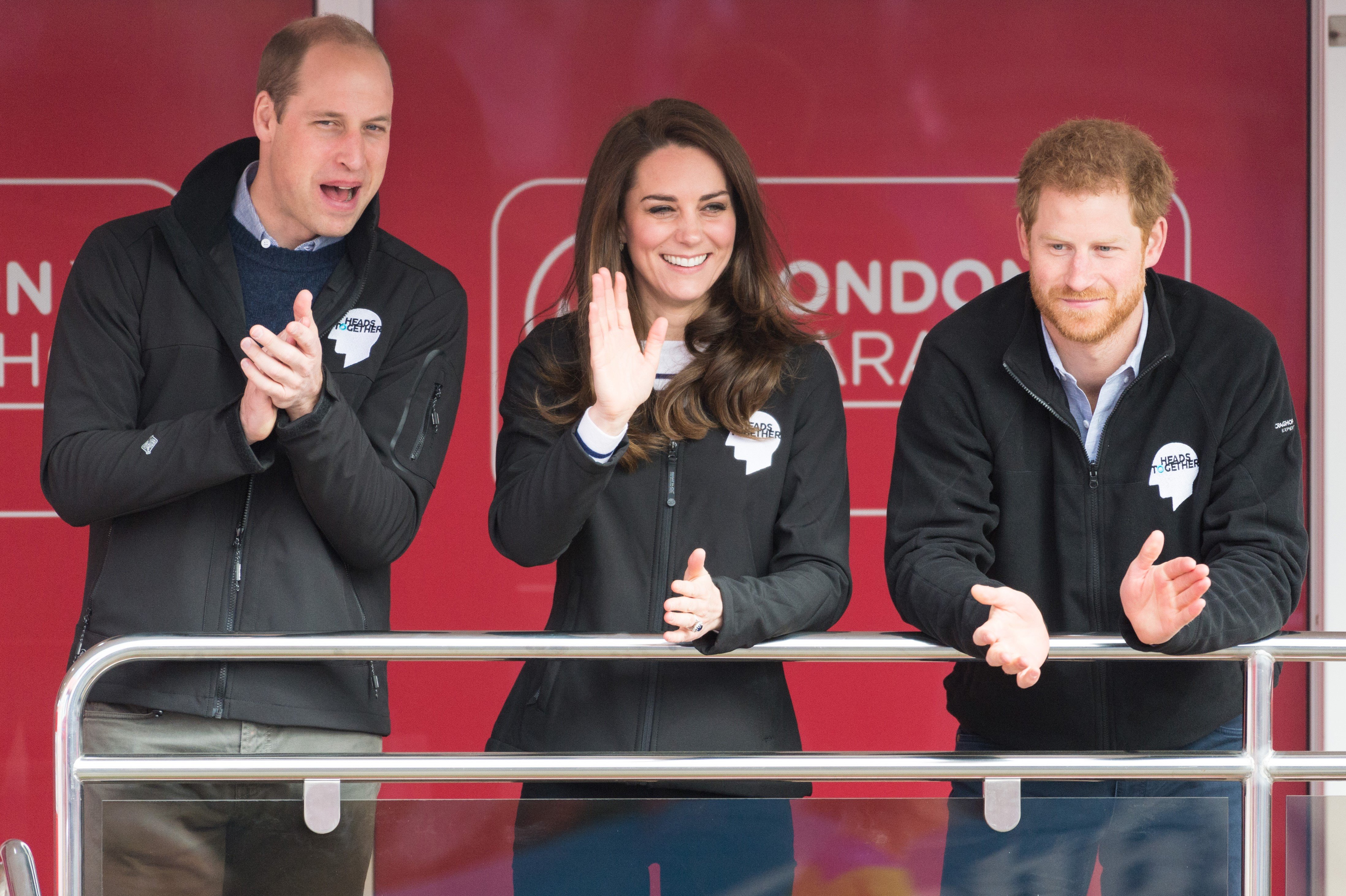 Prince William, Duke of Cambridge, Catherine, the Duchess of Cambridge and Prince Harry watch the Elite men's race of the Virgin Money London Marathon in London, England on April 23, 2017. | Source: Getty Images