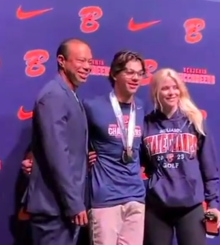 Tiger and Charlie Woods posing for photos with Elin Nordegren at the ring ceremony. | Source: Instagram/meawwofficial