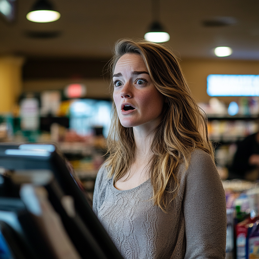 A shocked woman at the checkout counter of a grocery store | Source: Midjourney