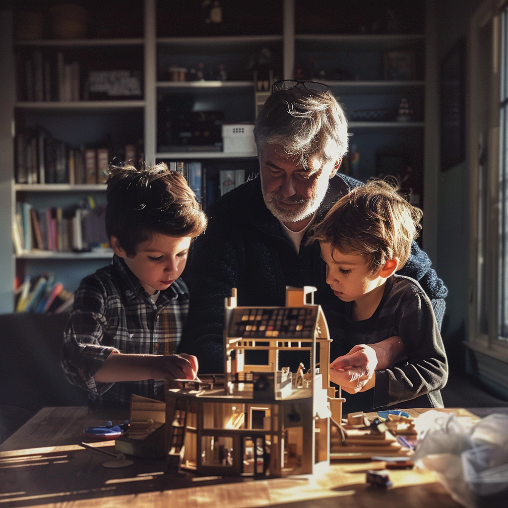 A man and two little boys building a dollhouse | Source: Midjourney