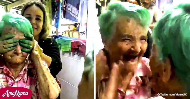 Une grand-mère de 80 ans pousse un cri strident après que ses cheveux aient été teints en turquoise pour la première fois