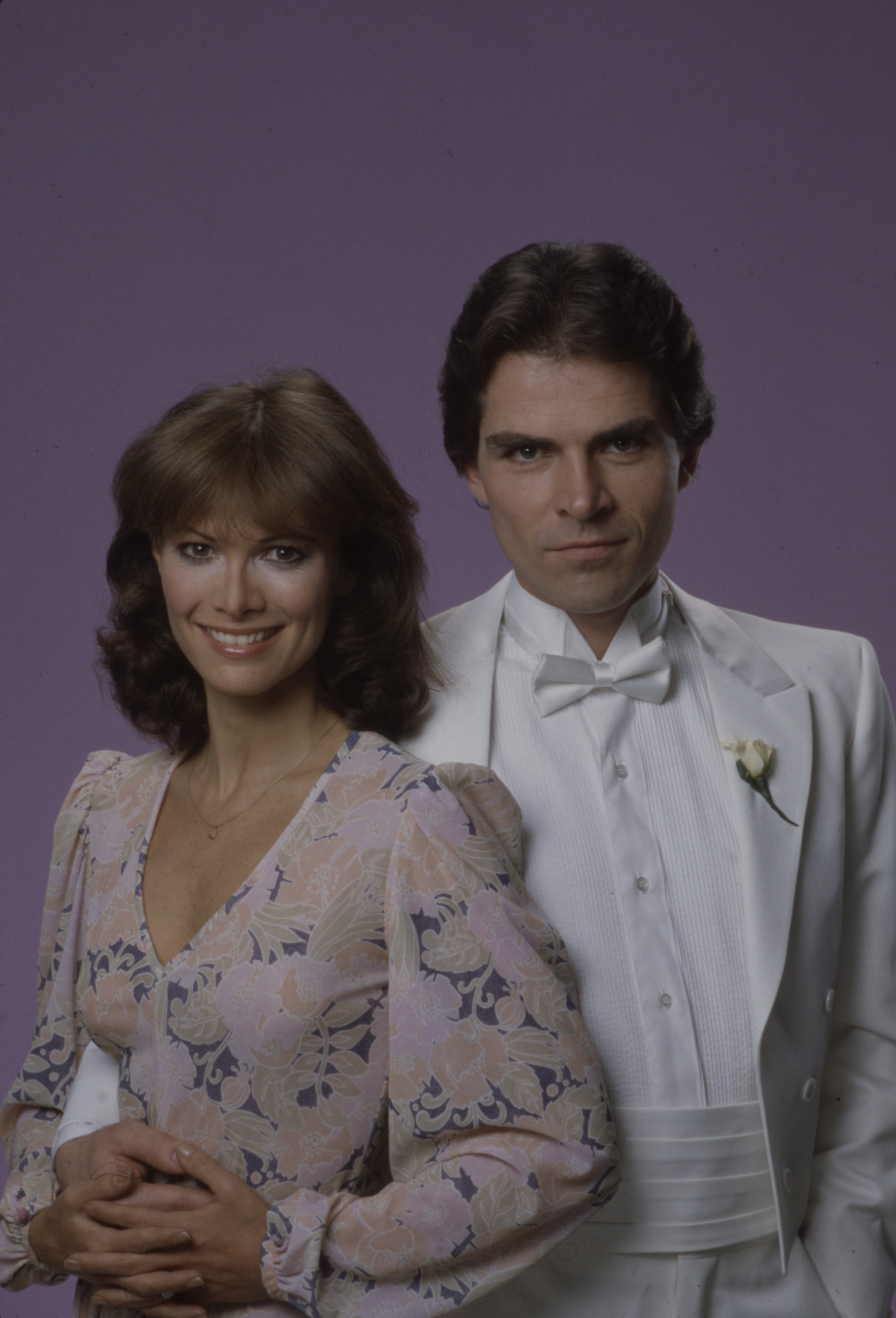 Sharon Gabet and Larkin Malloy in a promotional photo for the soap opera "The Edge of Night," in 1980 | Source: Getty Images