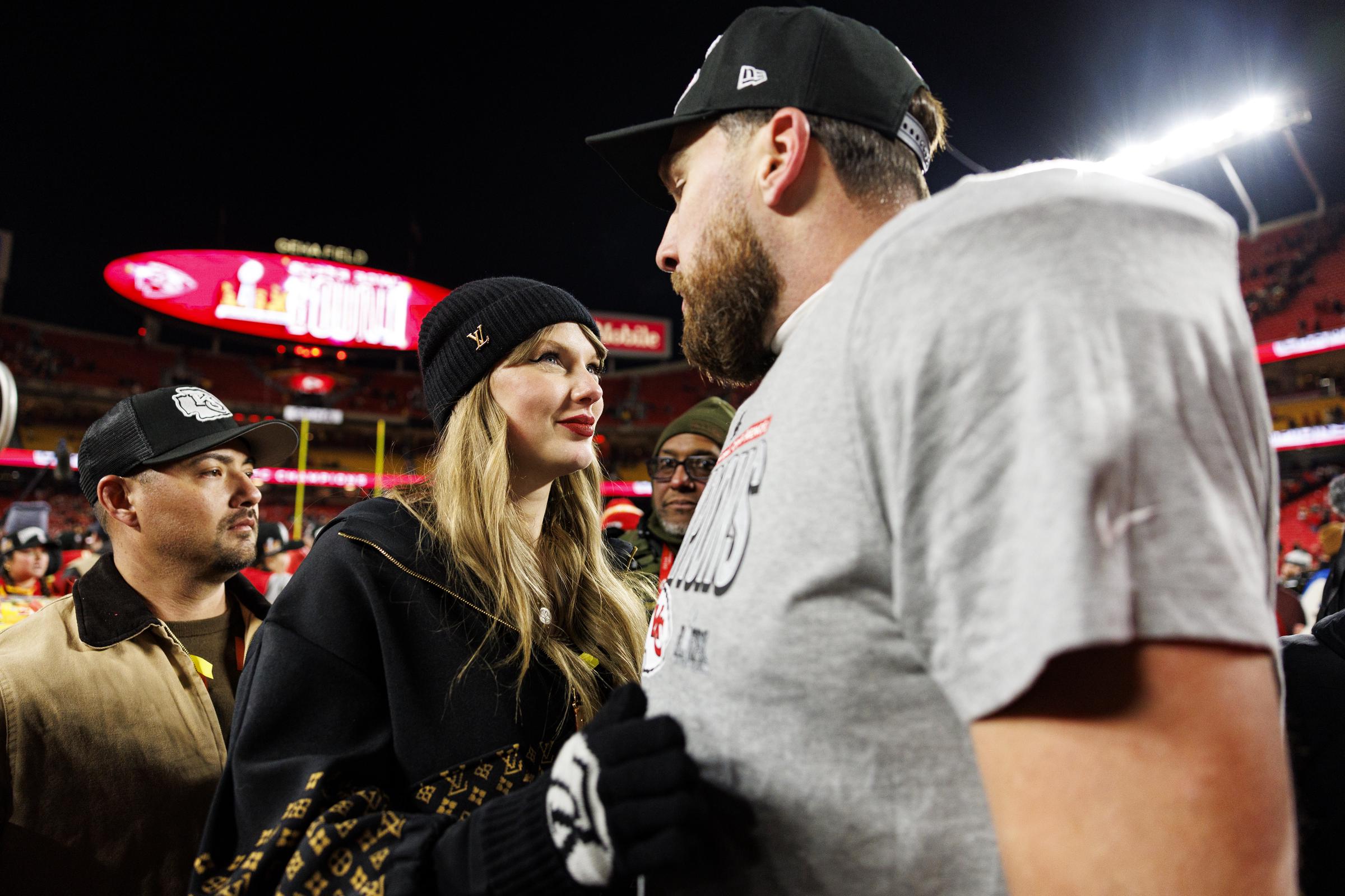 Travis Kelce and Taylor Swift celebrate after the AFC Championship game at GEHA Field at Arrowhead Stadium on January 26, 2025, in Kansas City, Missouri | Source: Getty Images