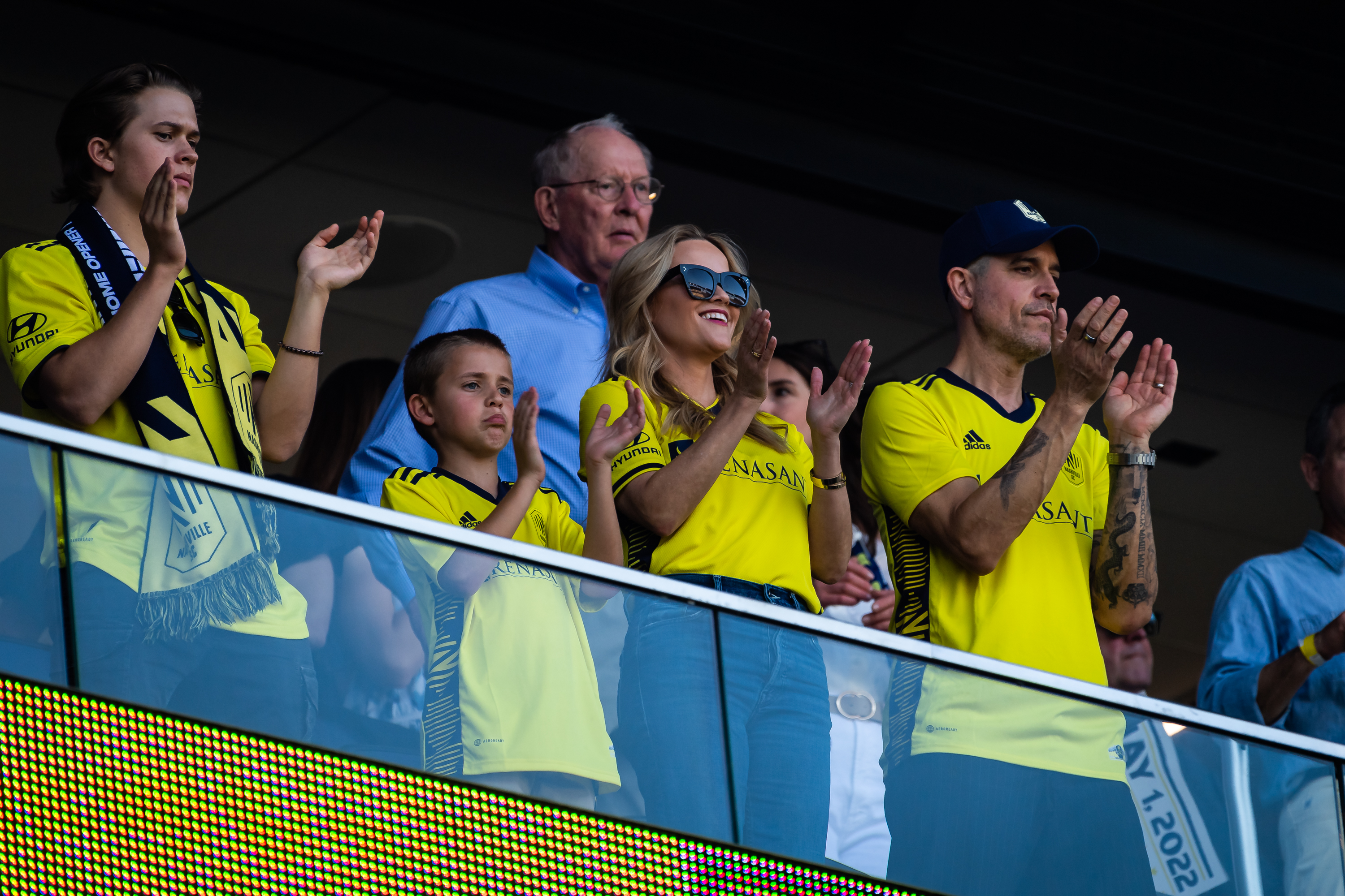 Reese Witherspoon (2nd from right,) with her sons Deacon Phillippe, Tennessee Toth and her husband Jim Toth, during the Inaugural home opener game between Philadelphia Union and Nashville SC at GEODIS Park, on May 1, 2022 in Nashville, Tennessee. | Source: Getty Images