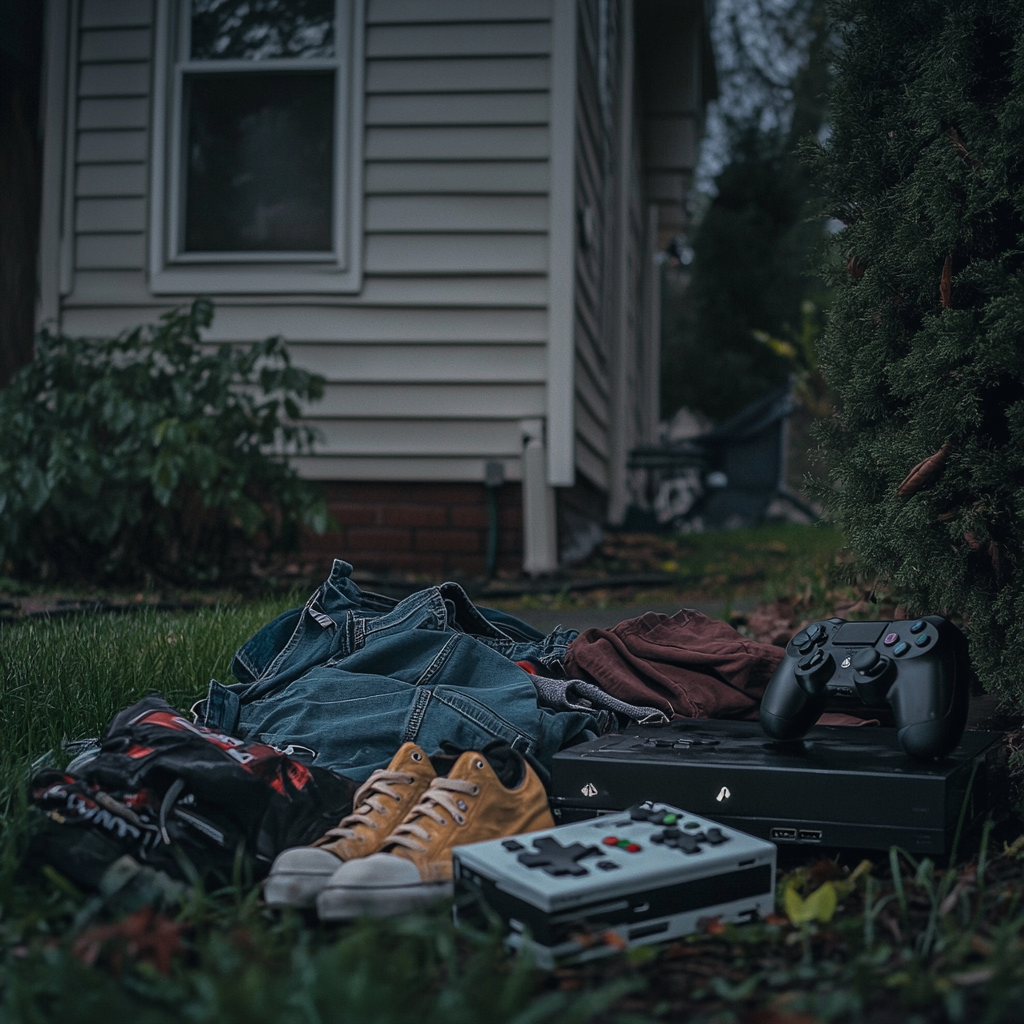 A man's shoes, clothes, and video game consoles lying dumped in the front yard of a house | Source: Midjourney