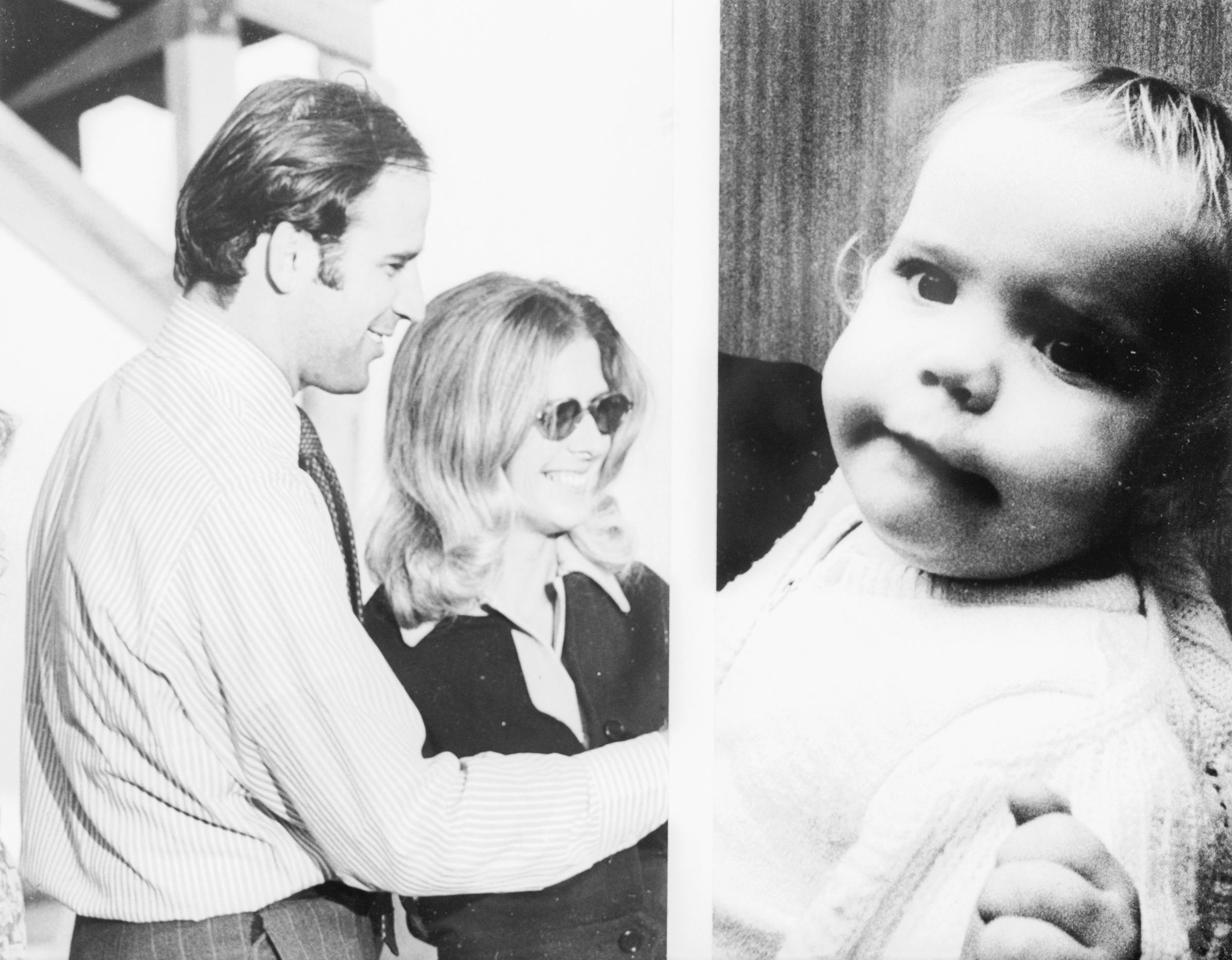 Joe Biden and his late wife Neilia smile in an undated photo, shown beside an image of their daughter Naomi, who died at just over one year old in a 1972 car crash. | Source: Getty Images