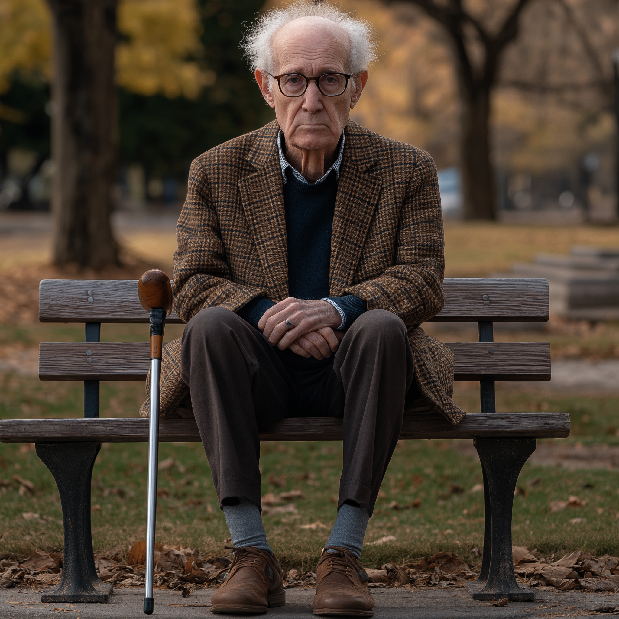 A sad and frail-looking old man sitting in a park | Source: Midjourney