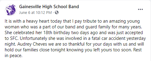 Gainesville High School Band shared a tribute for the late student. | Photo: Facebook/GainesvilleHighSchoolBand